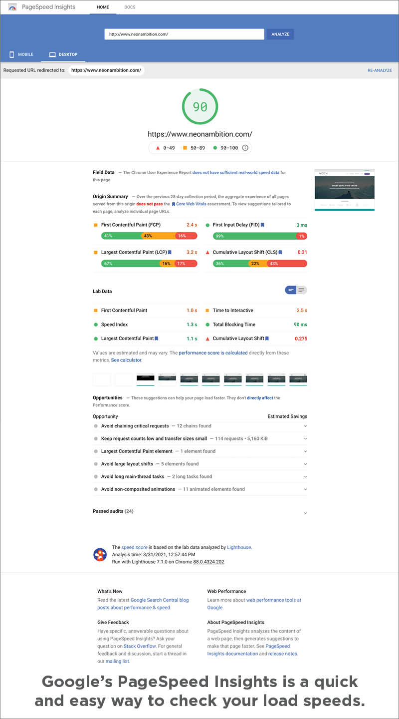 Google website PageSpeed audit